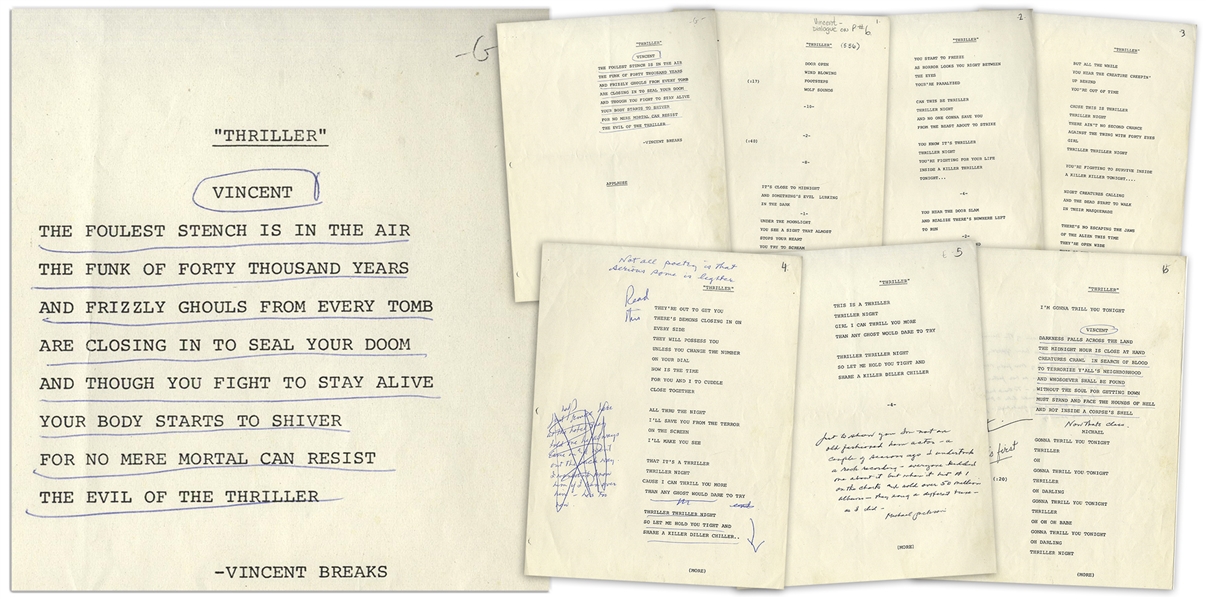Vincent Prices Personally Owned Script From the Thriller Music Video -- With Prices Handwritten Notes, Including a Mention of the Singer Prince Visiting -- With LOA From Prices Daughter